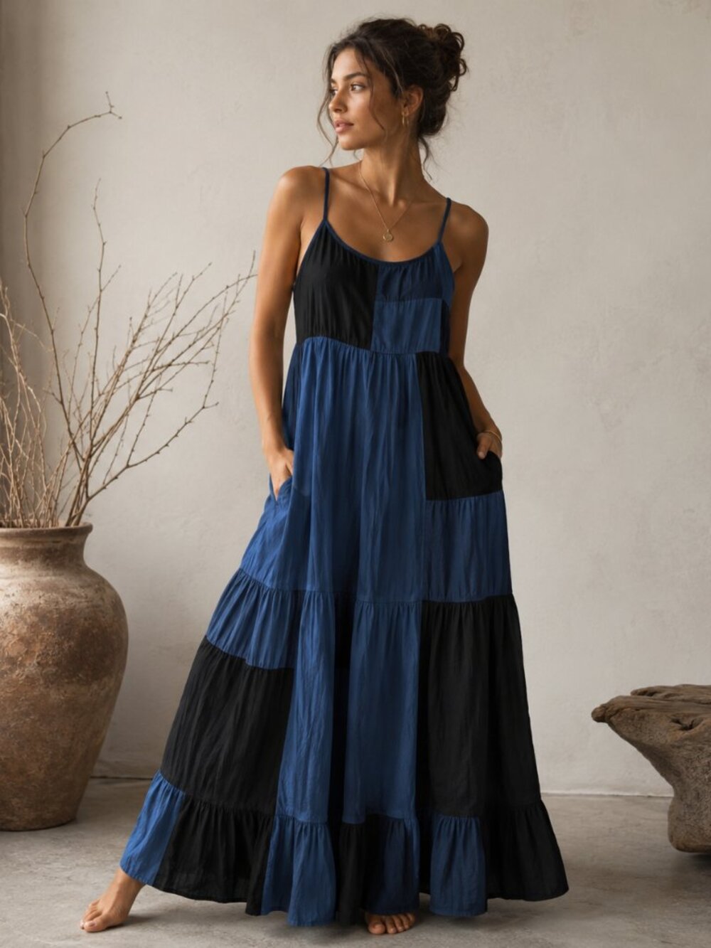 Forever 21 Patchwork Maxi Dress XS Blue Black Cotton Tiered Boho Cottagecore